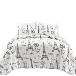Paris Bonjour Reversible Cotton Quilt Black/White 3Pc Set King