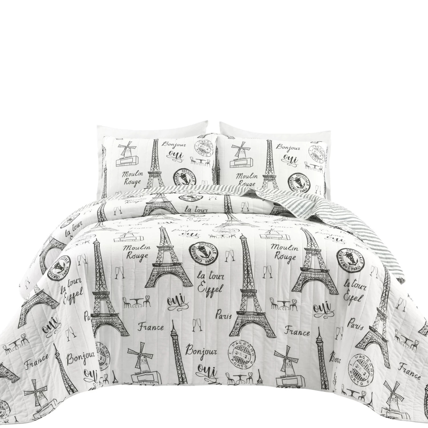 Paris Bonjour Reversible Cotton Quilt Black/White 3Pc Set King 3 Paris Bonjour Reversible Cotton Quilt Black/White 3Pc Set King