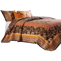 Dill Quilt Set, Bohemian, Jacobean Floral Print, Brown, Orange-Benzara 9 Dill Quilt Set, Bohemian, Jacobean Floral Print, Brown, Orange-Benzara -Fashion Bedding Store 117f938d75b74fedb3c41fbccf491acd