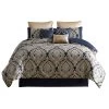 Nova 9 Piece Polyester Queen Comforter Set, Gold Damask Print, Navy Blue-Benzara -Fashion Bedding Store 1343fe3462824f59a9002c189635a619