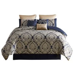 Nova 9 Piece Polyester Queen Comforter Set, Gold Damask Print, Navy Blue-Benzara