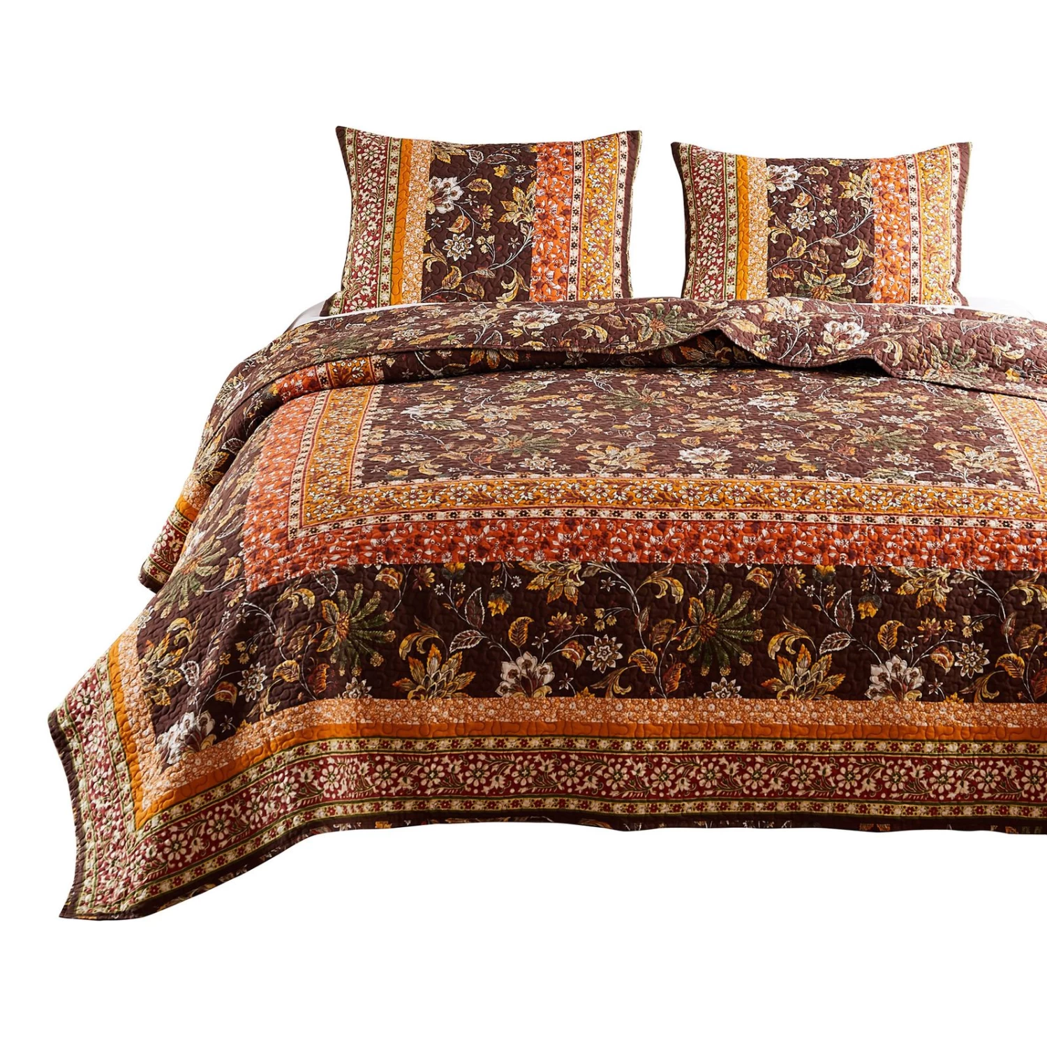 Dill Quilt Set, Bohemian, Jacobean Floral Print, Brown, Orange-Benzara 4 Dill Quilt Set, Bohemian, Jacobean Floral Print, Brown, Orange-Benzara - Image 2