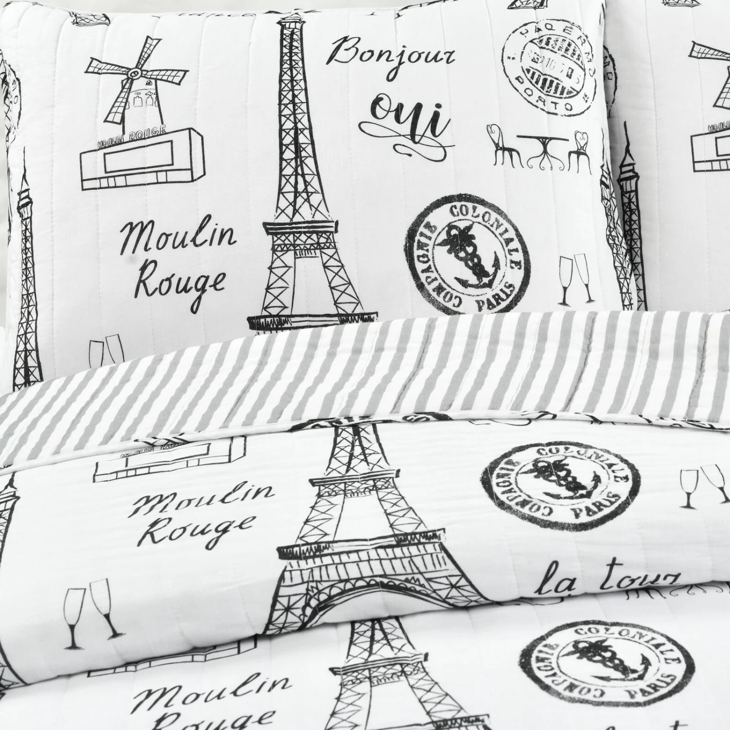 Paris Bonjour Reversible Cotton Quilt Black/White 3Pc Set King 6 Paris Bonjour Reversible Cotton Quilt Black/White 3Pc Set King - Image 4