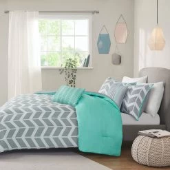 QuikFurn Reversible Comforter Set In Grey White Aqua Teal Chevron Stripe -Fashion Bedding Store 2b167923bfb546f59b9f87a205e4b962