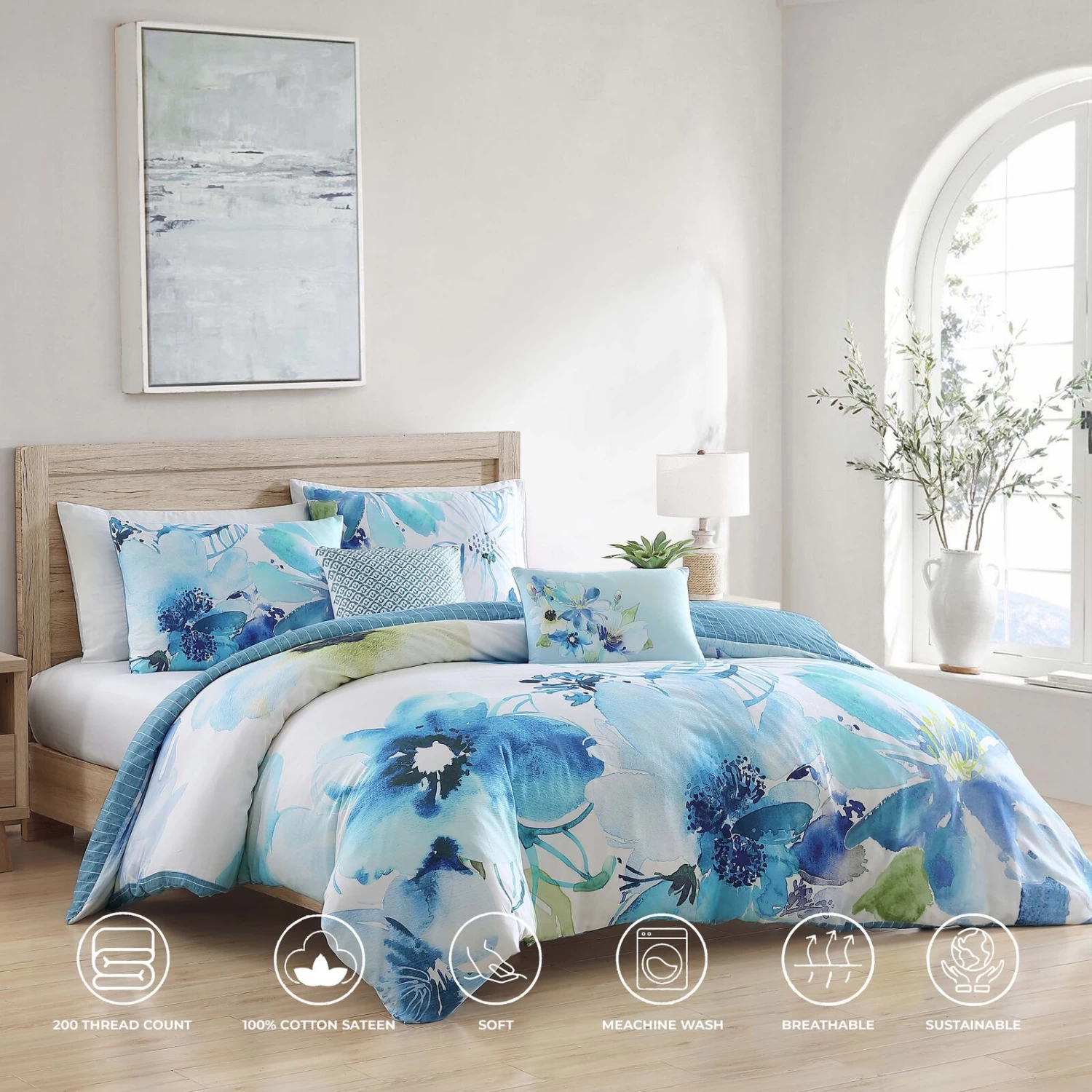 Bebejan Watercolor Blue 100% Cotton 5-Piece Reversible Comforter Set 4 Bebejan Watercolor Blue 100% Cotton 5-Piece Reversible Comforter Set - Image 2