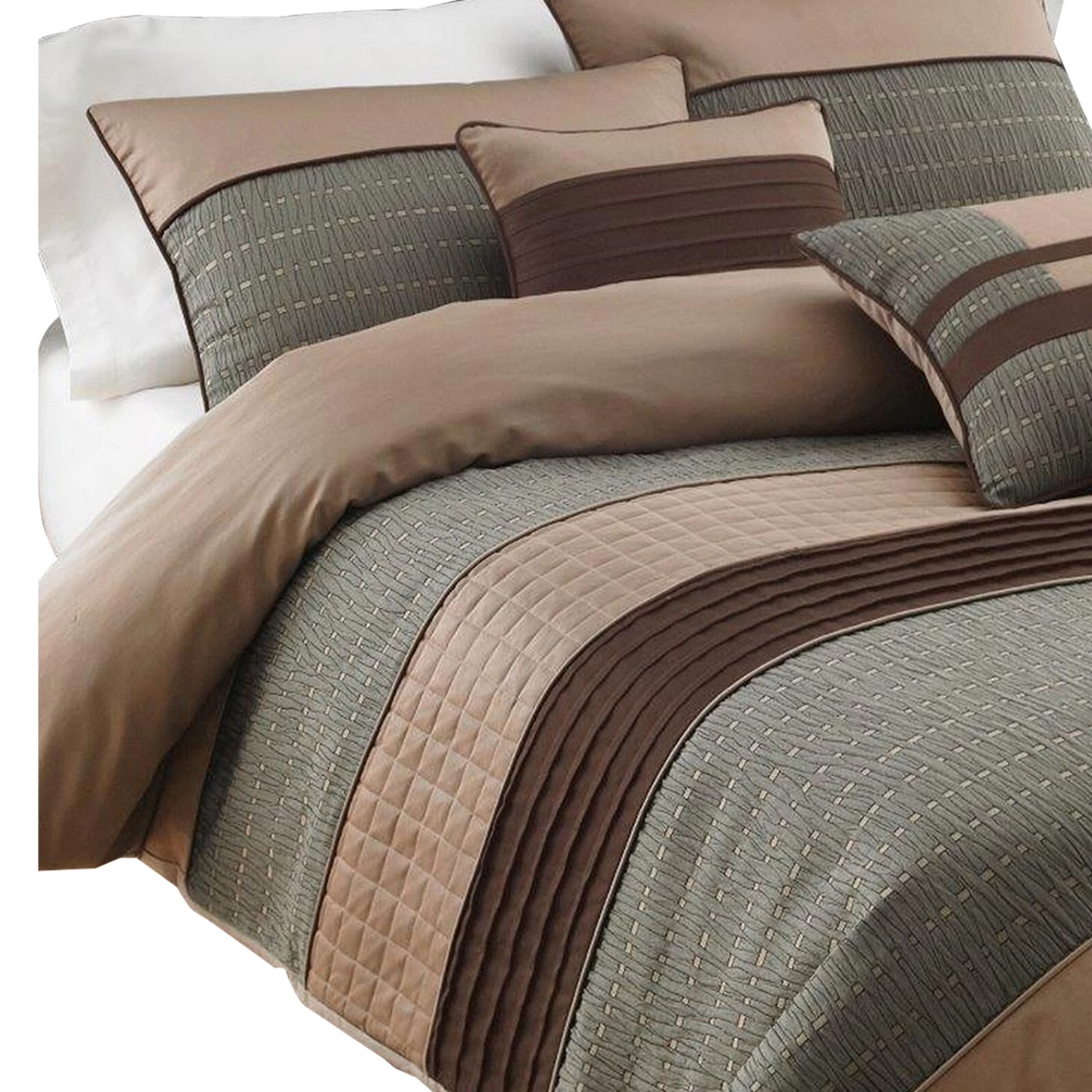 7 Piece King Polyester Comforter Set With Pleats And Texture, Gray And Brown-Benzara 5 7 Piece King Polyester Comforter Set With Pleats And Texture, Gray And Brown-Benzara - Image 3