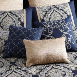 Nova 9 Piece Polyester Queen Comforter Set, Gold Damask Print, Navy Blue-Benzara -Fashion Bedding Store 66d4b4a64831419dbfcba97a69b84123