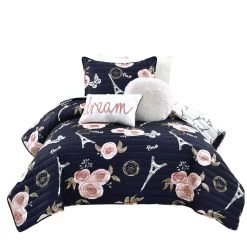 Vintage Paris Rose Butterfly Script Quilt 4Pc Set