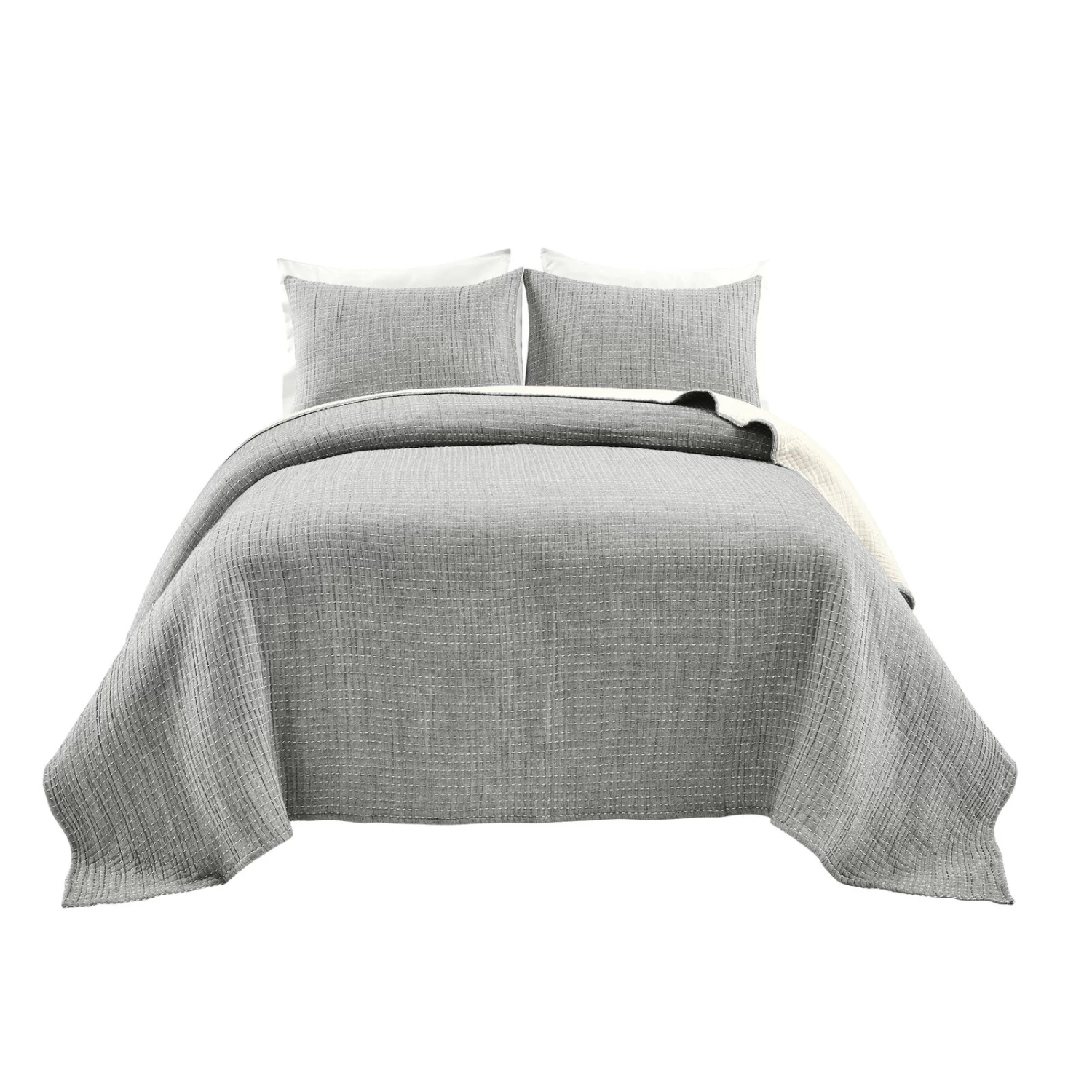 Solid Kantha Pick Stitch Yarn Dyed Cotton Woven Quilt/Coverlet 3Pc Set 2 Solid Kantha Pick Stitch Yarn Dyed Cotton Woven Quilt/Coverlet 3Pc Set