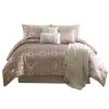 Eve 10 Piece Poly Velvet Comforter Set, Foil Pattern, Blush Pink-Benzara -Fashion Bedding Store 7b8defd01e724e14a0e6e118119d68d1