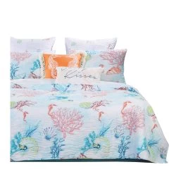 Full Size 3 Piece Polyester Quilt Set With Coral Prints, Multicolor-Benzara