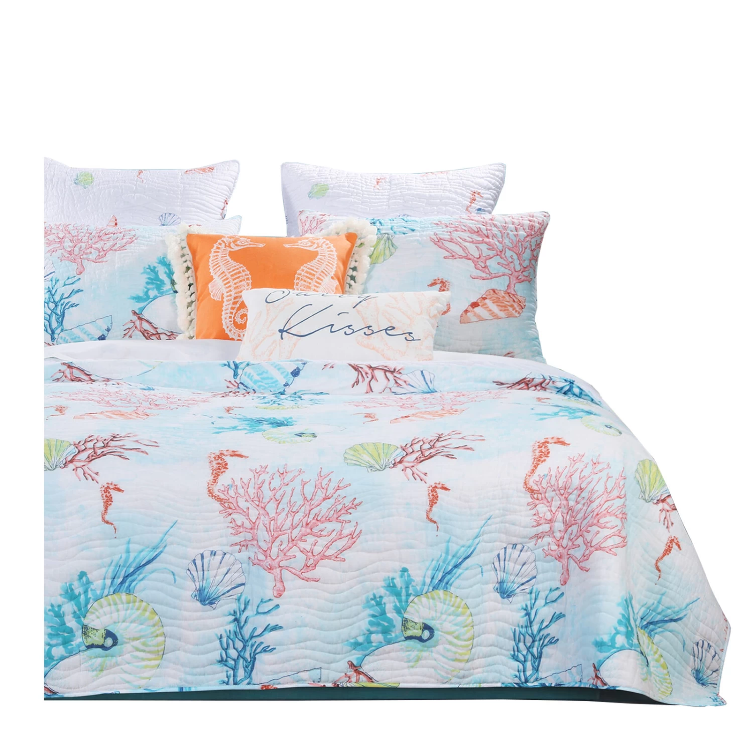 Full Size 3 Piece Polyester Quilt Set With Coral Prints, Multicolor-Benzara 3 Full Size 3 Piece Polyester Quilt Set With Coral Prints, Multicolor-Benzara