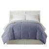 Genoa Reversible King Comforter With Box Quilted The Urban Port, Silver And Blue-Benzara