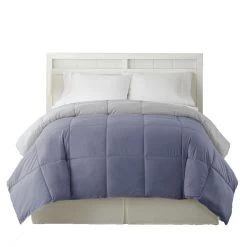 Genoa Reversible King Comforter With Box Quilted The Urban Port, Silver And Blue-Benzara