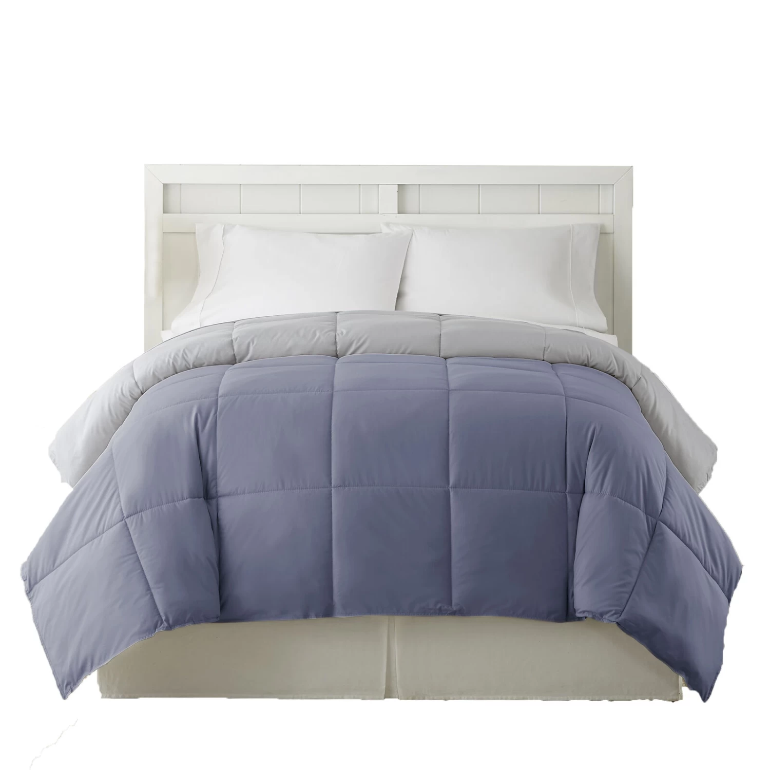 Genoa Reversible King Comforter With Box Quilted The Urban Port, Silver And Blue-Benzara 3 Genoa Reversible King Comforter With Box Quilted The Urban Port, Silver And Blue-Benzara
