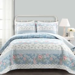 Cottage Core Flower Stripe Oversized Reversible Cotton Quilt Blue/Dusty Pink 3Pc Set Full/Queen -Fashion Bedding Store 8302b531dee24bad9185c6061c00480c