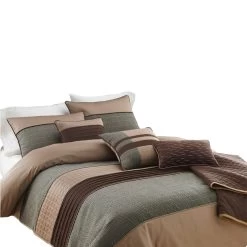 7 Piece King Polyester Comforter Set With Pleats And Texture, Gray And Brown-Benzara