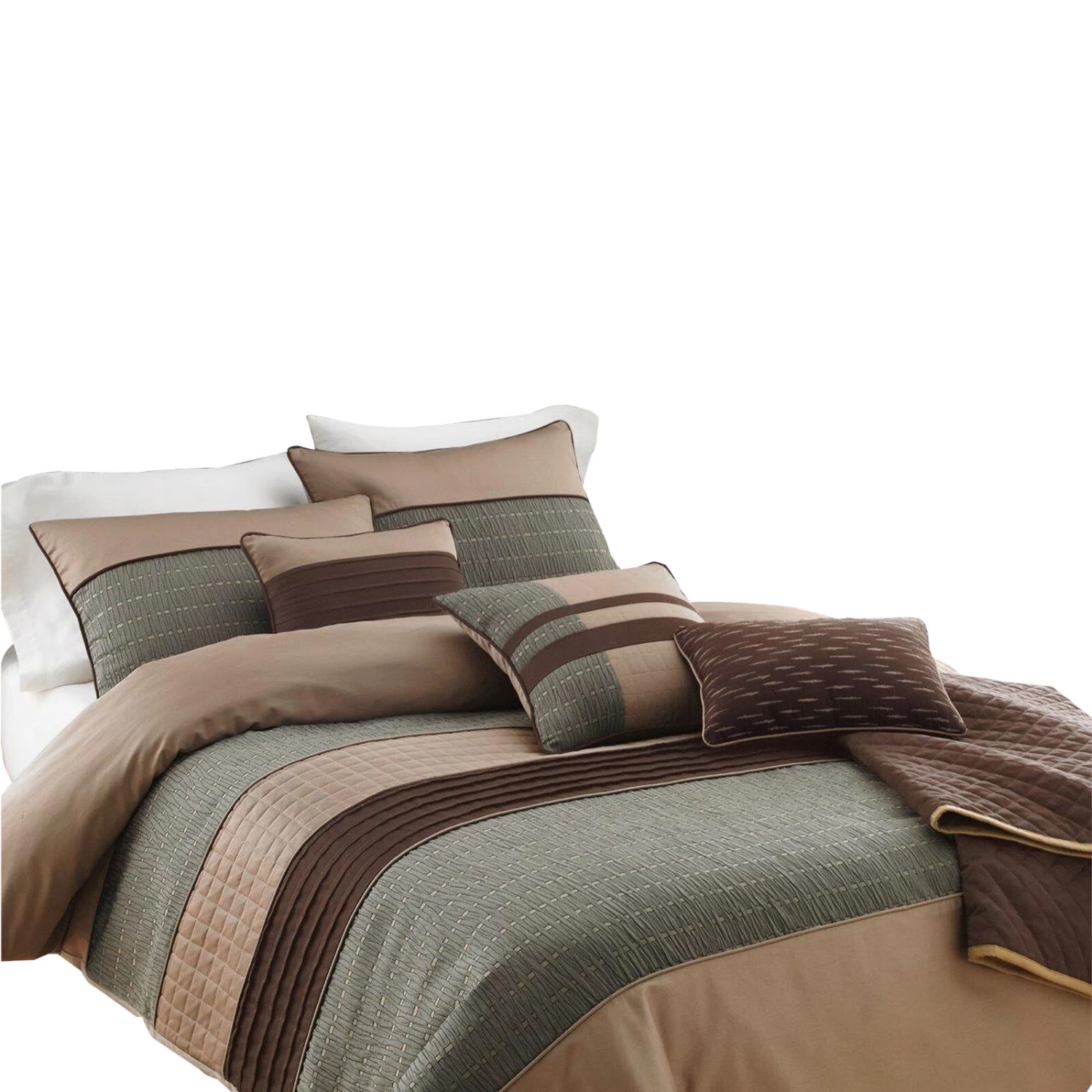 7 Piece King Polyester Comforter Set With Pleats And Texture, Gray And Brown-Benzara 3 7 Piece King Polyester Comforter Set With Pleats And Texture, Gray And Brown-Benzara