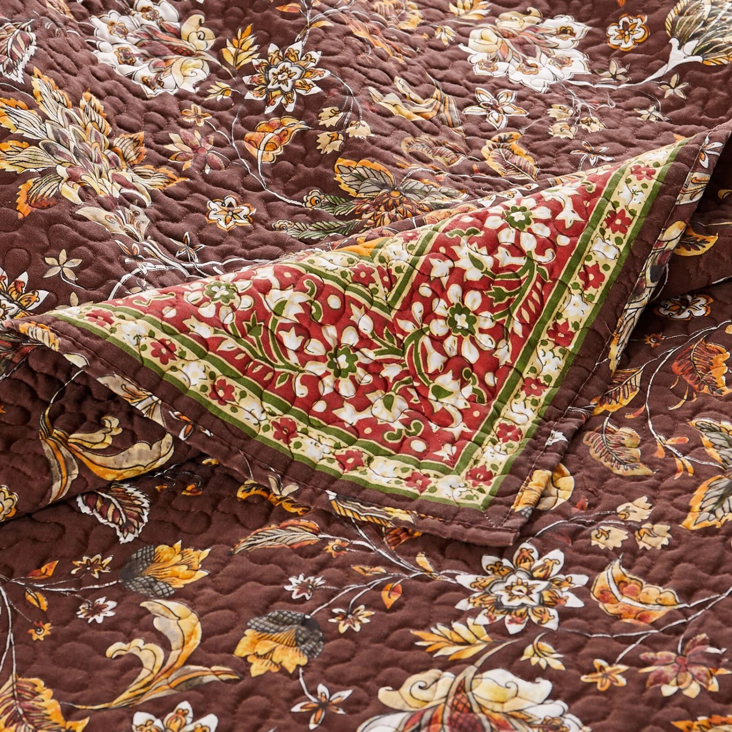 Dill Quilt Set, Bohemian, Jacobean Floral Print, Brown, Orange-Benzara 6 Dill Quilt Set, Bohemian, Jacobean Floral Print, Brown, Orange-Benzara - Image 4
