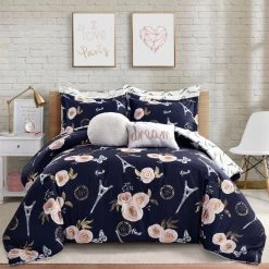 Vintage Paris Rose Butterfly Script Comforter 7-Pc Set -Fashion Bedding Store b06c3b5895a1495781d7901b74679ed8