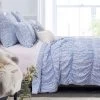 Fabric Queen Size Quilt Set With Pleated And Ruffled Details, Blue-Benzara -Fashion Bedding Store c8769fda71af434e8e0290860ab77cbb