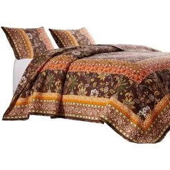 Dill Quilt Set, Bohemian, Jacobean Floral Print, Brown, Orange-Benzara