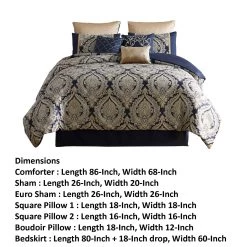 Nova 9 Piece Polyester Queen Comforter Set, Gold Damask Print, Navy Blue-Benzara -Fashion Bedding Store d45e546ffb8d4ee9a6b3a920224fd45b