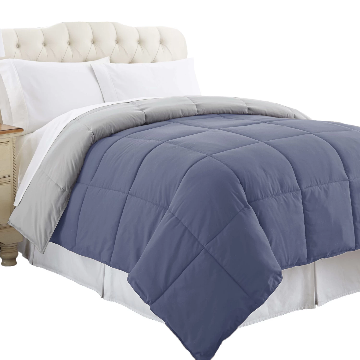 Genoa Reversible King Comforter With Box Quilted The Urban Port, Silver And Blue-Benzara 4 Genoa Reversible King Comforter With Box Quilted The Urban Port, Silver And Blue-Benzara - Image 2