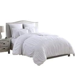 Hamburg 7 Piece Queen Size Comforter Set With Textured Details The Urban Port, White-Benzara