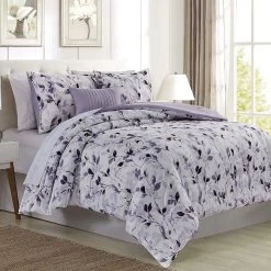 RT Designer's Collection 5 Piece Mikayla Leaves Printed Complement To Any Bedroom Decor Comforter Set Queen Lilac