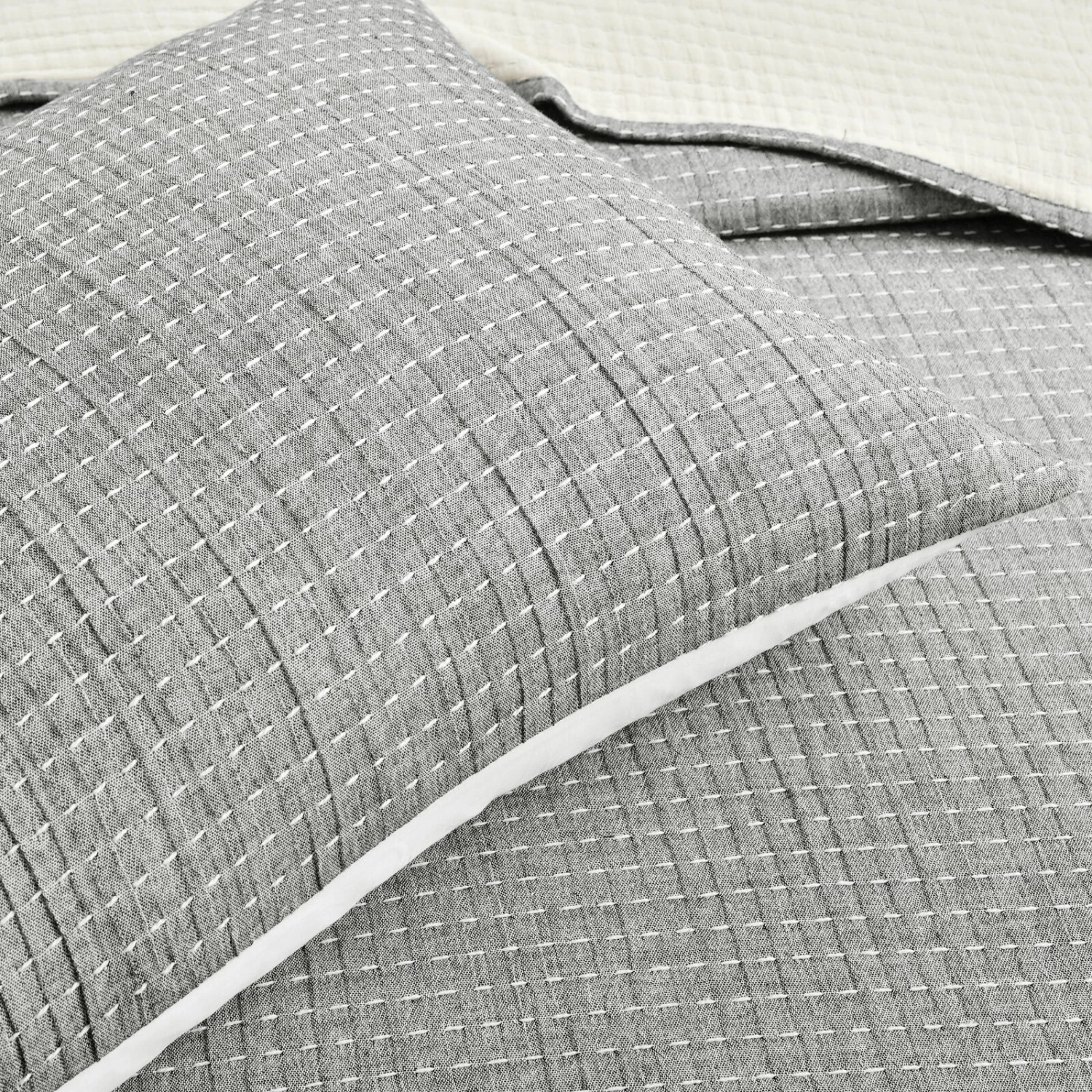 Solid Kantha Pick Stitch Yarn Dyed Cotton Woven Quilt/Coverlet 3Pc Set 6 Solid Kantha Pick Stitch Yarn Dyed Cotton Woven Quilt/Coverlet 3Pc Set - Image 5