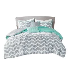 QuikFurn Reversible Comforter Set In Grey White Aqua Teal Chevron Stripe