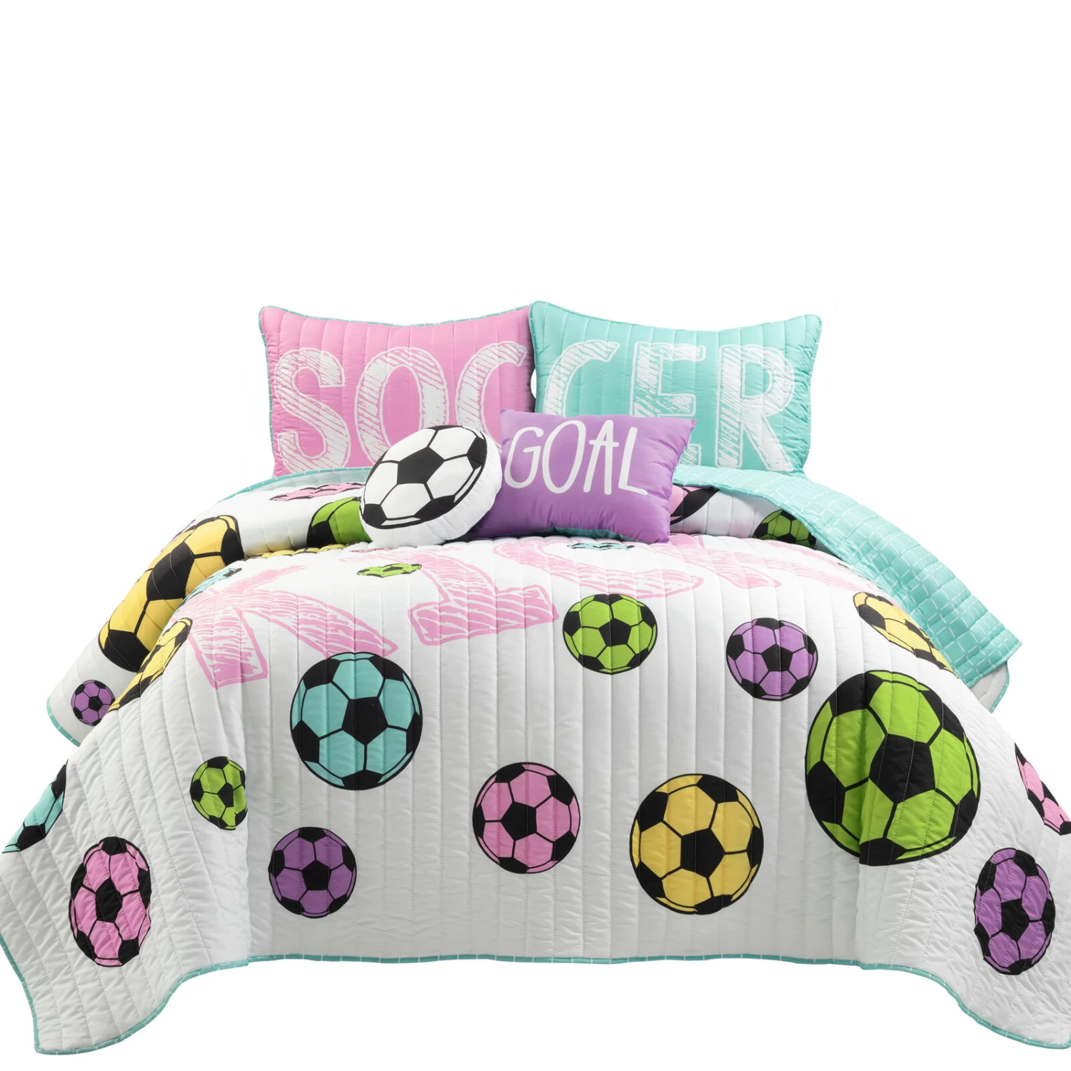 Girls Soccer Kick Reversible Oversized Quilt 5Pc Set 3 Girls Soccer Kick Reversible Oversized Quilt 5Pc Set
