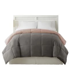 Genoa Twin Size Box Quilted Reversible Comforter The Urban Port, Gray And Pink-Benzara