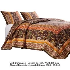 Dill Quilt Set, Bohemian, Jacobean Floral Print, Brown, Orange-Benzara 11 Dill Quilt Set, Bohemian, Jacobean Floral Print, Brown, Orange-Benzara -Fashion Bedding Store fef81c7e32904bbbb6768cd45e10b8bf