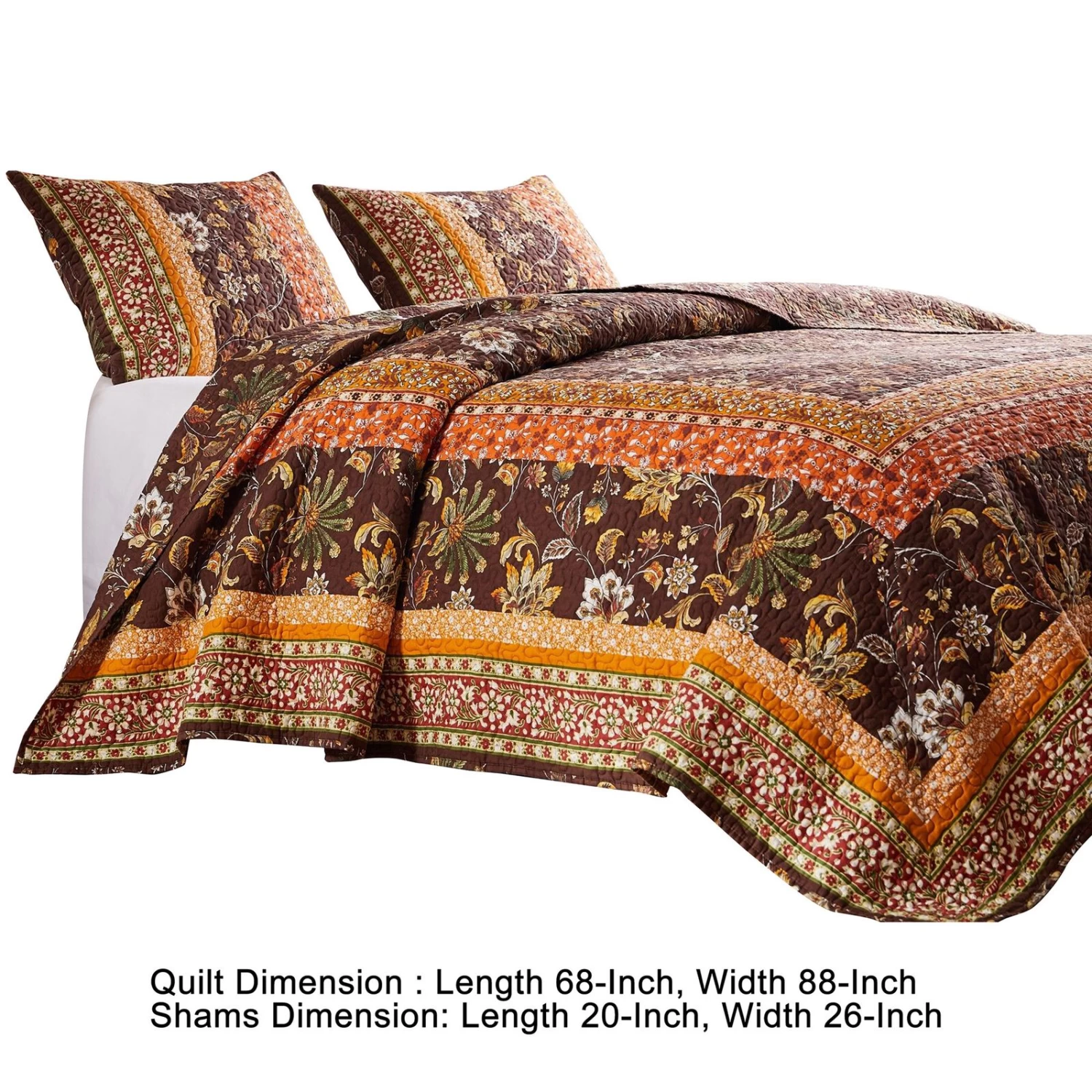 Dill Quilt Set, Bohemian, Jacobean Floral Print, Brown, Orange-Benzara 7 Dill Quilt Set, Bohemian, Jacobean Floral Print, Brown, Orange-Benzara - Image 5